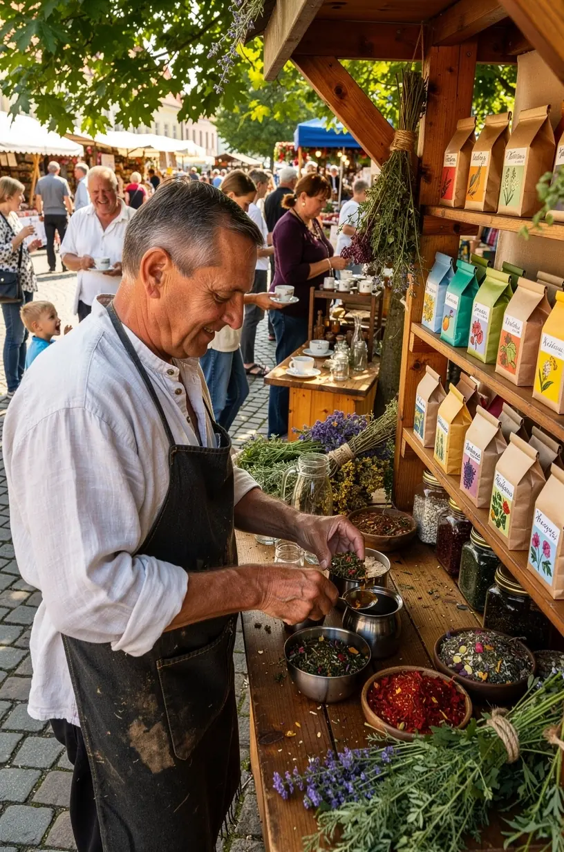 Instrukcinė iliustracija, rodanti žolelių arbatos ruošimo žingsnius nuo lapo iki puodelio.